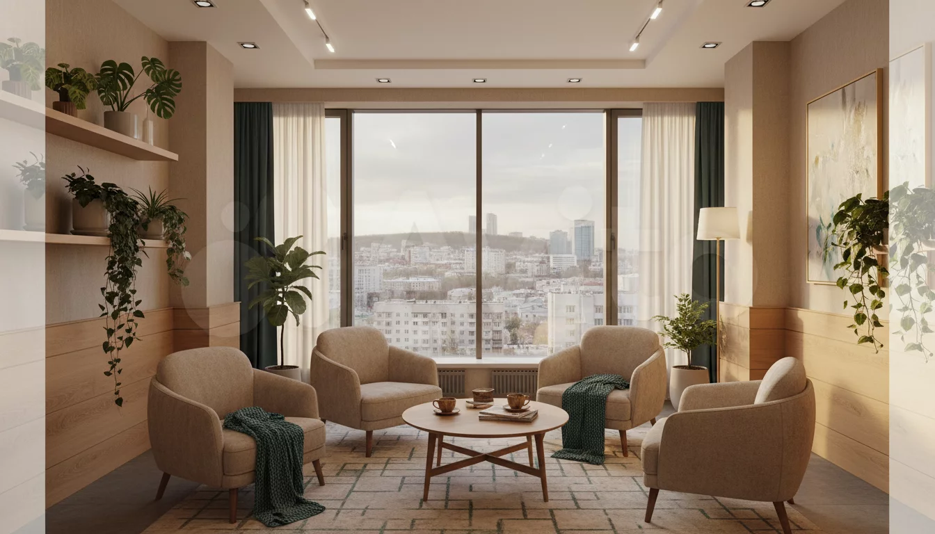 Уютный интерьер стоматологической клиники с теплым освещением и комфортной атмосферой